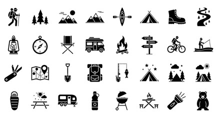 Black and White Camping Icons Set: Outdoor Adventures, Nature Tourism, Equipment Symbols – Hiking, Mountains, Campfire, Fishing, and More on a Plain Background