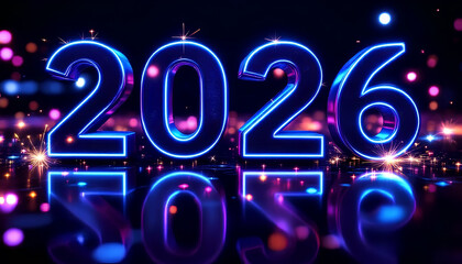Glowing Neon 2026 Numbers with Sparkling Lights and Reflections