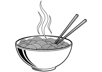 A bowl of hot steaming noodles or ramen with chopsticks. Simple black and white vector icon, isolated for an Asian food menu, logo, or coloring book.