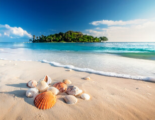composition with beach water, sand, starfish and seashells. Summer vacations concept.