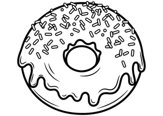 Donut with icing and sprinkles. Black and white line art vector illustration. Isolated cartoon doodle, perfect for a coloring book, menu, or logo.
