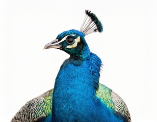 close up photograph of a full body peacock isolated on a solid white background