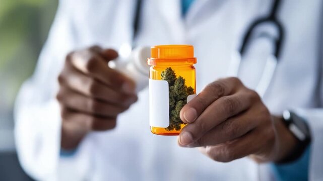 Medical Marijuana: A healthcare professional holds a prescription bottle filled with medical cannabis, emphasizing its role in modern medicine and patient care.