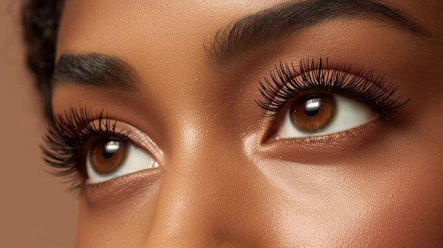 Close up brown eye with long natural eyelashes and smooth skin showing beauty calm expression and soft light reflection close up