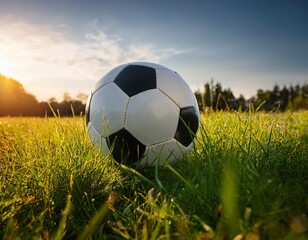 close up eye level view of a soccer ball in a grassy field