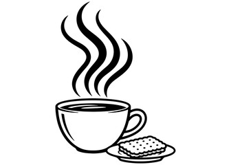 A hot cup of coffee or tea with a biscuit. Simple black and white vector icon, isolated for a cafe menu, logo, or coffee break concept.