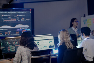 Future mission control synergy Diverse team leverages AI predictive insights interactive screens guide complex operations leader directs augmented human AI team achieve optimal results faster.