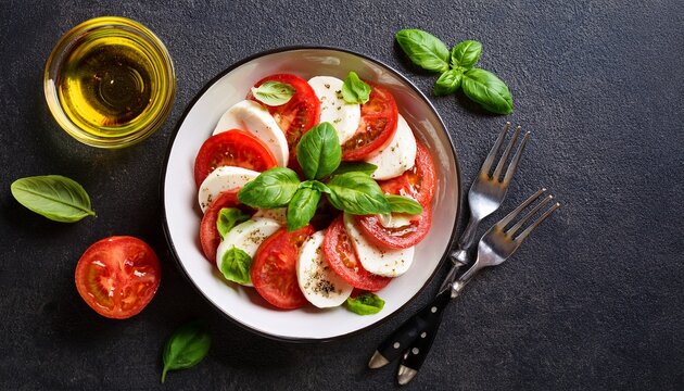 classic caprese salad with fresh tomatoes mozzarella and basil italian food top view
