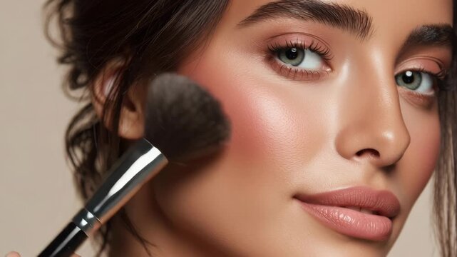 Close up of woman applying soft pink blush on cheek with makeup brush enhancing natural beauty and smooth skin glow