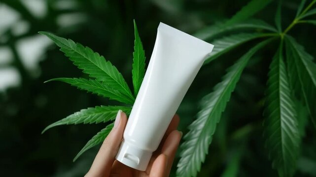 Cannabis Product Showcase: An elegant white tube of cream is held gently, set against a backdrop of vibrant green cannabis leaves. A blend of nature and innovation.
