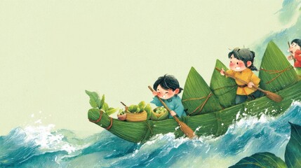 Joyful children sail a dragon boat made of zongzi during Dragon Boat Festival celebrations showcasing vibrant colors and playful illustration