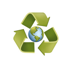 3D Earth Day eco concept. Green recycling symbol with three chasing arrows isolated on white background
