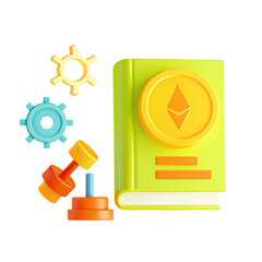 Colorful book representing cryptocurrency concepts features gears and weights symbolizing market regulation