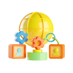 Innovative globe model symbolizes cryptocurrency market dynamics and regulation with interconnected gears and user icons representing