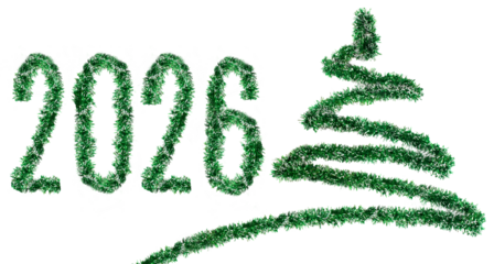 New Year's celebration 2026 with green tinsel design showcasing a festive tree outline