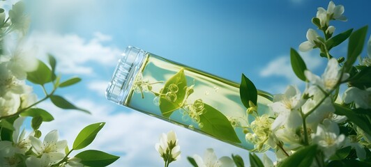 A bottle of green oil floating in front of white flowers and leaves,generative AI