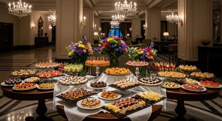 Lavish buffet table laden with diverse savory and sweet appetizers under ornate chandeliers