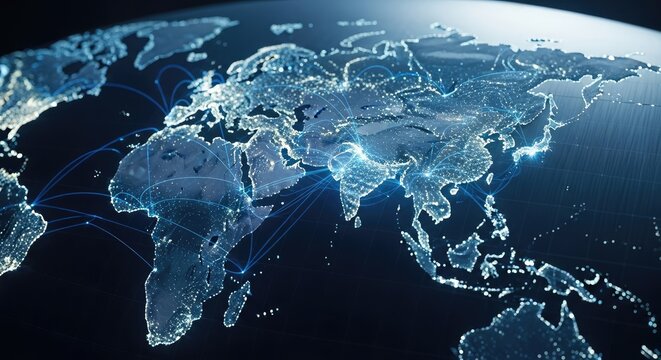 Illuminated world map with interconnected lines, representing global networks and data flow