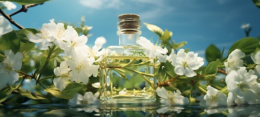 A bottle of green oil floating in front of white flowers and leaves,generative AI