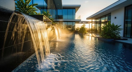 Modern luxury home with pool and cascading water feature, reflecting sunlight