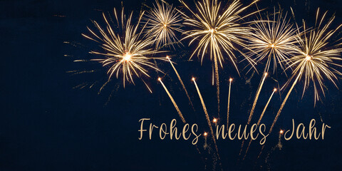 Frohes neues Jahr Grußkarte, Silvester Karte mit deutschem Text - Goldenes Feuerwerk