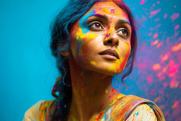 Abstract Color Splash Portrait fair Indian woman with splattered color background, energetic creative tone