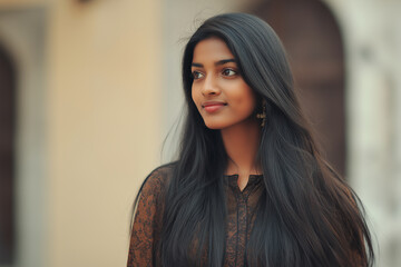 beautiful fair Tamil woman with long straight hair | timeless elegance | overcast lighting | calm cinematic beige tone