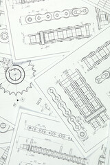 Technical engineering drawing, details of drive industrial chain