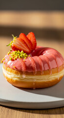 Decadent Doughnut Topped with Pink Strawberry Glaze, Fresh Slices, and Crunchy Pistachios, a Delicious Bakery Treat.