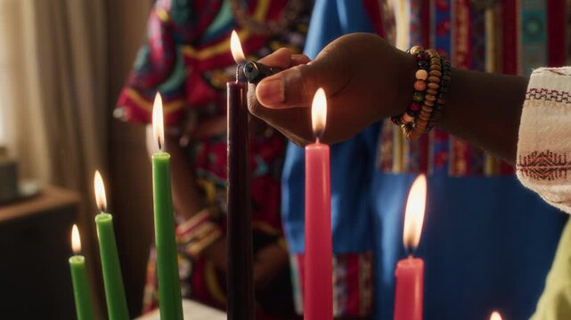 Close-up view of hand of unknown Black man wearing bracelets lighting colourful candles while celebrating Kwanzaa festival with friends