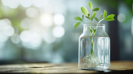carboy. Clear glass carboy with floating green plant and visible roots on rustic wooden surface. gardening catalogs, home-decor guides, designed for home decor and floral branding.