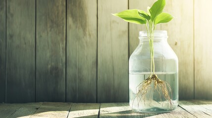 carboy. Clear glass carboy with floating green plant and visible roots on rustic wooden surface. gardening catalogs, home-decor guides, designed for home decor and floral branding.