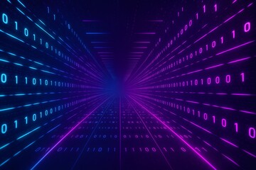 Digital Data Tunnel: Navigate the futuristic digital tunnel of binary code, bathed in neon blue and purple hues, symbolizing the flow of data.