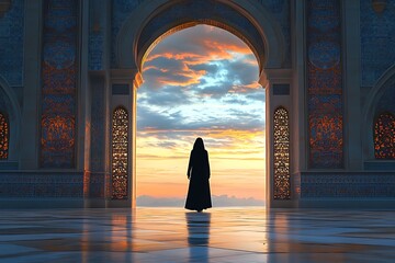 Elegant Arched Gate with Woman in Abaya Watching Sunset Islamic Architectural Beauty