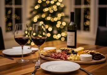 Elegant Christmas wine and cheese pairing on rustic wooden table with glowing tree lights in soft bokeh background