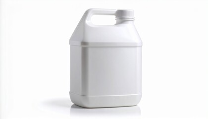 “White plastic container with handle and screw-on cap, rectangular shape with rounded edges, unmarked and isolated on clean surface”