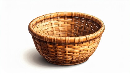 “Empty woven wicker basket with single arching handle, natural brown color and tight weave, isolated on white background”