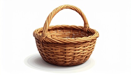 “Empty woven wicker basket with single arching handle, natural brown color and tight weave, isolated on white background”