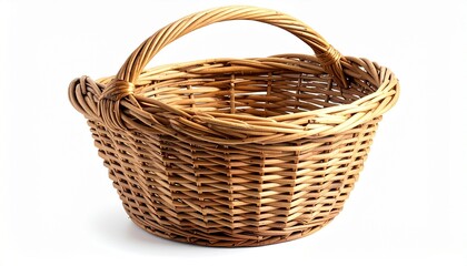 “Empty woven wicker basket with single arching handle, natural brown color and tight weave, isolated on white background”
