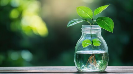 carboy. Clear glass carboy with floating green plant and visible roots on rustic wooden surface. gardening catalogs, home-decor guides, designed for home decor and floral branding.
