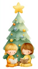 Two children read storybooks beside a whimsical Christmas tree, creating a magical holiday atmosphere filled with joy and warmth.