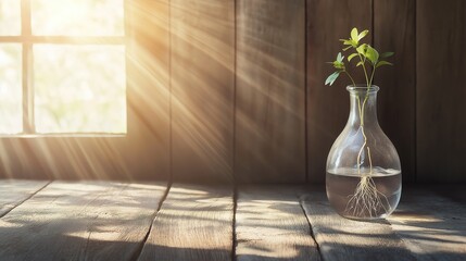 carboy. Clear glass carboy with floating green plant and visible roots on rustic wooden surface. gardening catalogs, home-decor guides, designed for home decor and floral branding.