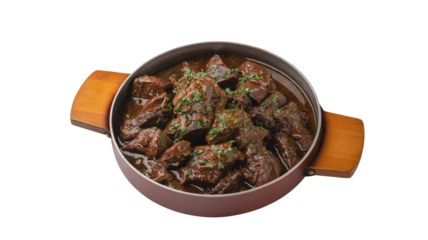 Delicious beef stew simmers with herbs in rustic pot ready to serve