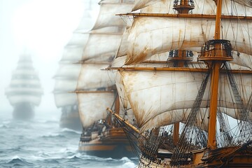 Antique Tall Sailing Ships Navigating in Foggy Ocean with Raised Old White Sails