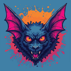 Vector Illustration of a Fierce Bat Head with Pink Wings in Modern Style with Bold Colors and Dynamic Composition