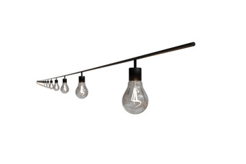 A series of clear glass light bulbs hang from a dark horizontal bar, diminishing in size towards, creating a sense of depth and illumination