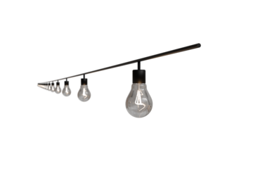 A series of clear glass light bulbs hang from a dark horizontal bar, diminishing in size towards, creating a sense of depth and illumination