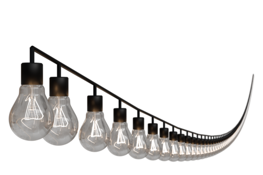 A curving string of clear glass light bulbs with black bases illuminates against a dark background, progressively shrinking and fading into the distance