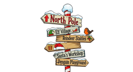 North Pole, Elf Village, Reindeer Stables, Santa's Workshop, Penguin Playground sign isolated PNG with Transparent Background