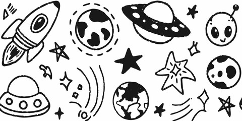 Whimsical hand drawn space elements featuring rockets planets aliens and ufos in a doodle style © Bipul
